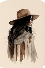 Woman Profile View Wearing Hat, Minimalist, Two Toned Boho, Drawing, Earth Tones, AI Assisted Finalized In Photoshop By Me 