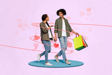 Poster - Creative collage photo of young couple people together talking about gifts for march woman day guy hold shop bags isolated on pink lovely background