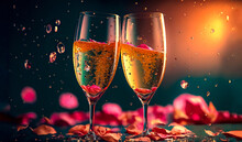Two Glasses Of Champagne With Romantic Rose Petals With Bokeh Background. Valentine Day Concept