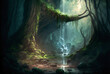 Fantasy forest waterfall scene AI Generative	