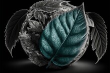  A Black And White Photo Of A Leaf And A Ball Of Leaves On A Black Background With A Black Background And A Black Background With A Blue And White Photo Of A Leaf And A. Generative AI
