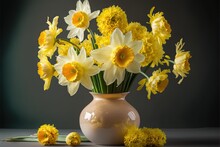  A Vase Filled With Yellow And White Flowers On A Table Next To A Bunch Of Yellow Flowers On The Ground Next To It Is A Few Yellow Petals And A Few Yellow Petals On The.