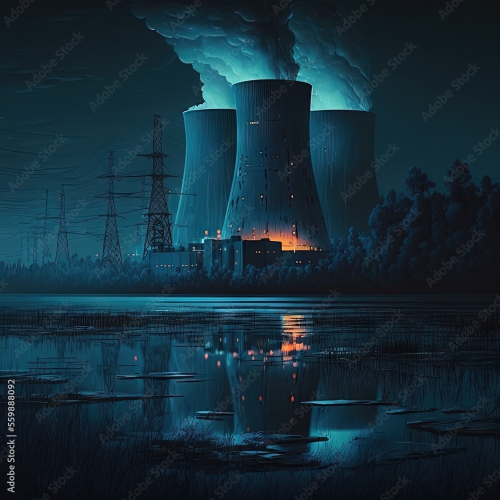 Illustrazione stock di a painting of a nuclear power plant at night with a  reflection in the water and a full moon in the sky above it, with a dark  sky and