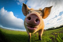  A Pig Is Standing In A Field With A Sky Background And Clouds In The Background, And A Pig Is Smiling At The Camera With Its Mouth Open And Tongue Out, With A Wide Open.