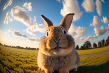  a rabbit is sitting in a field of grass and looking at the camera with a happy face on it's face and a blue sky with clouds and blue sky with white clouds and green. Generative AI