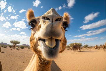 Poster -  a camel with its mouth open and a group of camels in the background in the desert with a blue sky with clouds and a few white clouds in the foreground with a few. Generative AI