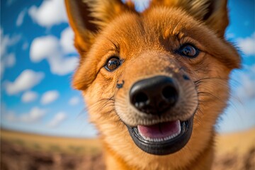 Canvas Print -  a dog with a big smile on his face and a sky background with clouds in the background and a blue sky with white clouds and blue sky with white clouds, and a black nose. Generative AI