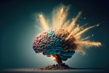  A Brain Exploding Out Of The Top Of A Pile Of Dirt With A Blue Background And A Yellow Light Coming Out Of The Top Of It, With A Blue Background And White Area With.