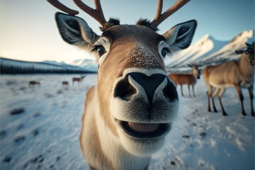 Poster -  a deer with antlers on its head looking at the camera in the snow with other deer in the background and a mountain in the distance with snow covered with snow on the ground and. Generative AI