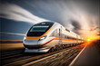  a train is traveling down the tracks at sunset or dawn with the sun shining behind it and clouds in the sky above it, and a sun setting behind it, and a cloud,. Generative AI