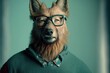  a dog wearing glasses and a sweater with a bow tie on it's neck and a sweater with a dog's head on it's chest and a green background, with a blue background. Generative AI