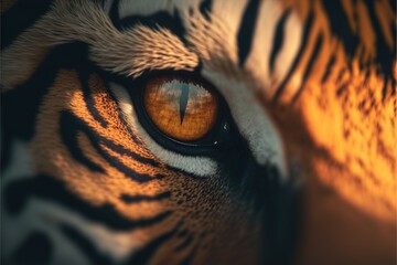  a tiger's eye is shown with a yellow iris in the center of the image, and a black background with a white stripe across the eye and a yellow background with a black stripe. Generative AI