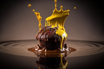 Wall Mural -  a chocolate cupcake with yellow liquid splashing on it's surface and a black background with a reflection of the cupcake on the water surface and the surface is a dark brown. Generative AI