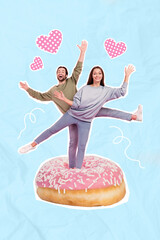 Poster - Vertical collage image of two excited cheerful people dancing big glazed donut painted hearts isolated on creative background