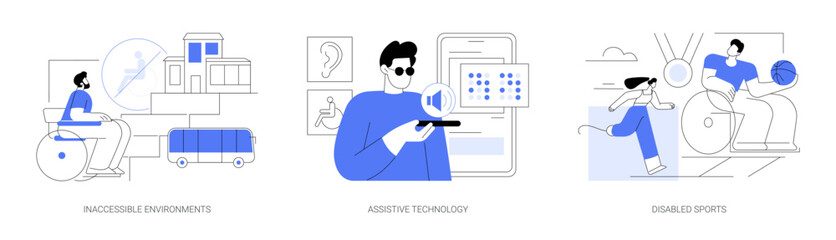 Disabled people in social environment abstract concept vector illustrations.