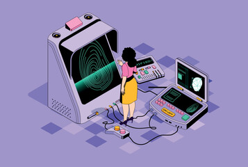 Poster - Biometric control concept in 3d isometric design. Woman uses secure access with fingerprint scanning and face recognition identification. Vector isometry illustration with people scene for web graphic