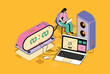 © alexdndz - Freelance working concept in 3d isometric design. Woman working on project using laptop, doing tasks remotely, communicating online. Vector isometry illustration with people scene for web graphic
