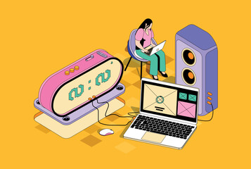 Wall Mural - freelance working concept in 3d isometric design. woman working on project using laptop, doing tasks