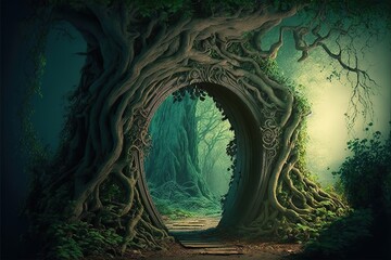 Wall Mural - magical portal with arch made with tree branches in shady green forest. open door to alternative dim