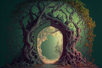 Wall Mural - magical portal with arch made with tree branches in shady green forest. open door to alternative dim