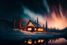 Northern Lights At The Edge Of The North. A Small House In The Forest With A View Of The Bright Northern Lights. Winter Night Forest Landscape, Neon Light, Sunset, Glow. AI