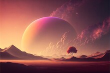  A Landscape With A Tree And A Distant Planet In The Background With A Pink Sky And Clouds, And A Distant Planet In The Foreground With A Red Moon And A Few Stars In The.