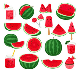 Wall Mural - Fresh and juicy watermelon whole and slices set. Tasty desserts made of watermelon vector illustration