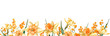 Seamless horizontal border with narcissus and mimosa watercolor flowers. Banner for March 8