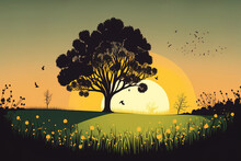 Springtime Rural Scene With A Lone Tree In A Field Of Green Grass And The Early Morning Sky, Natural Countryside With Grass And Wild Flowers, And A Bright Evening Sunset Horizontal Banner In The Sprin