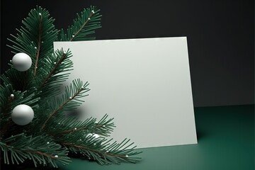 Canvas Print -  a christmas tree branch with a white card on it and a green background with a white ball hanging from the branch of a fir tree with a black background with a white ball and a., ai, Generative