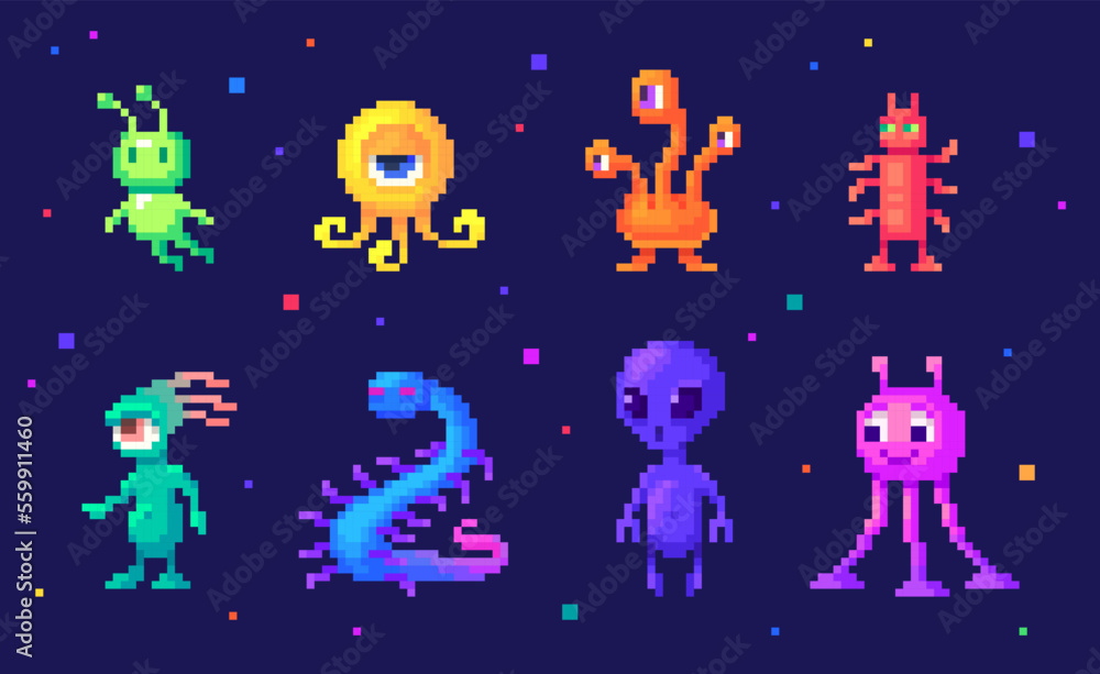 Pixel art set of alien. Cute cartoon monsters different forms and colors