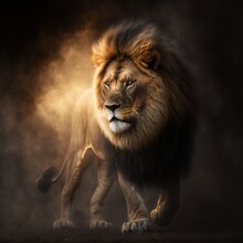  A Lion Is Walking In The Dark With A Light Shining On It's Face And A Black Background Behind It Is A Dark Area With A Light Coming From The Left Side Of The Lion.