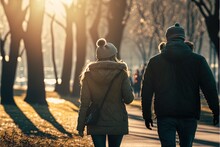  A Man And A Woman Walking Down A Path In The Park At Sunset Or Sunrise Time, With The Sun Shining Through The Trees And The Leaves On The Ground, And The Ground,.