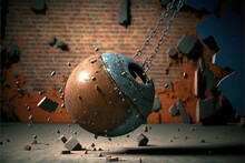  A Ball And Chain Are In The Air With A Brick Wall Behind It And A Hole In The Wall With A Chain Hanging From It To The Ground, And A Brick Wall With A.