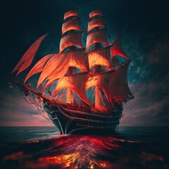 Wall Mural -  a large boat sailing on a body of water at night time with a red light on it's sails and a red light on its sails, and a red light on the water., ai, Generative