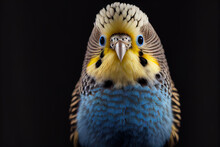 Illustration Portrait Of A Cute Budgie In Front Of Dark Background. Generative Ai