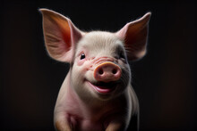 Illustrated Portrait Of A Cute Pig Looking Into The Camera And Laughing Happily In Front Of Dark Background. Generative Ai