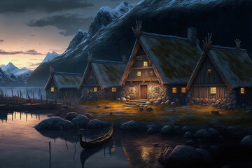 Fototapete - ai generative midjourney illustration of viking houses in a viking landscape by water with northern lights in the dark