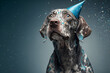 Portrait von einem Hund mit Partyhut und Geburtstagstorte am Geburtstag feiern vor pastellfarbenen Hintergrund

