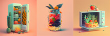 Surreal Illustrations Of  Foods In A Fridge. Jar With Flowers. Cake In A Microwave