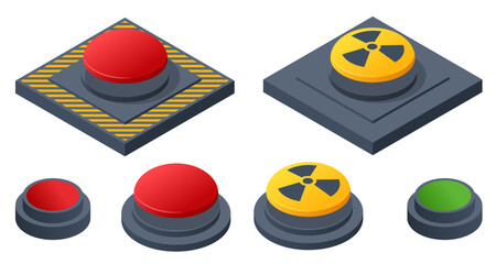 Isometric red, yellow and green buttons. Radiation symbol.