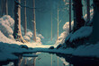 Anime Landscape Painting of a Pond with Floating Leaves in a Snowy Winter Wood. Snow Covered Manga Forest. [Digital Art Painting. Storybook / Fantasy Background. Graphic Novel, Postcard, or Product.]