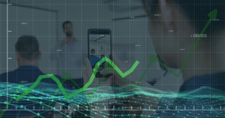 Poster - Animation of green line and financial data processing over business people in office