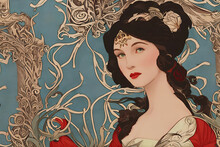 Portrait Of Snow White In Art Nouveau Style As Decoration Element For Cards Or Banners, Generative Ai