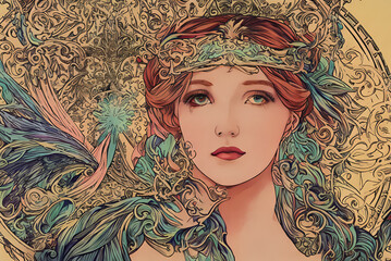 portrait of a woman in art nouveau style as decoration element for cards or banners, generative ai