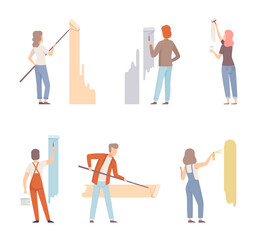 Sticker - Set of people painting wall with rollers, view from behind cartoon vector illustration