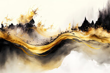 Art Background Of Horizontal Watercolor Painting Of Abstract Smoke. Black And Gold Glitter Colored Alcohol Ink. Marble Appearance. Generative AI