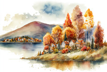 Autumn. Lake, Trees, Mountains, Hills, And Lovely Homes In A Watercolor Scene. Lake Surrounded By Hills. Vertical Landscape. Generative AI