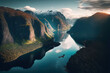 Norway Landscape aerial picture of the fjord and mountains Naeroyfjord gorgeous landscape of Scandinavian natural features. Generative AI