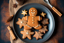 Gingerbread Man Cookies With Cinnamon, Star Anise, And A Recipe. Generative AI